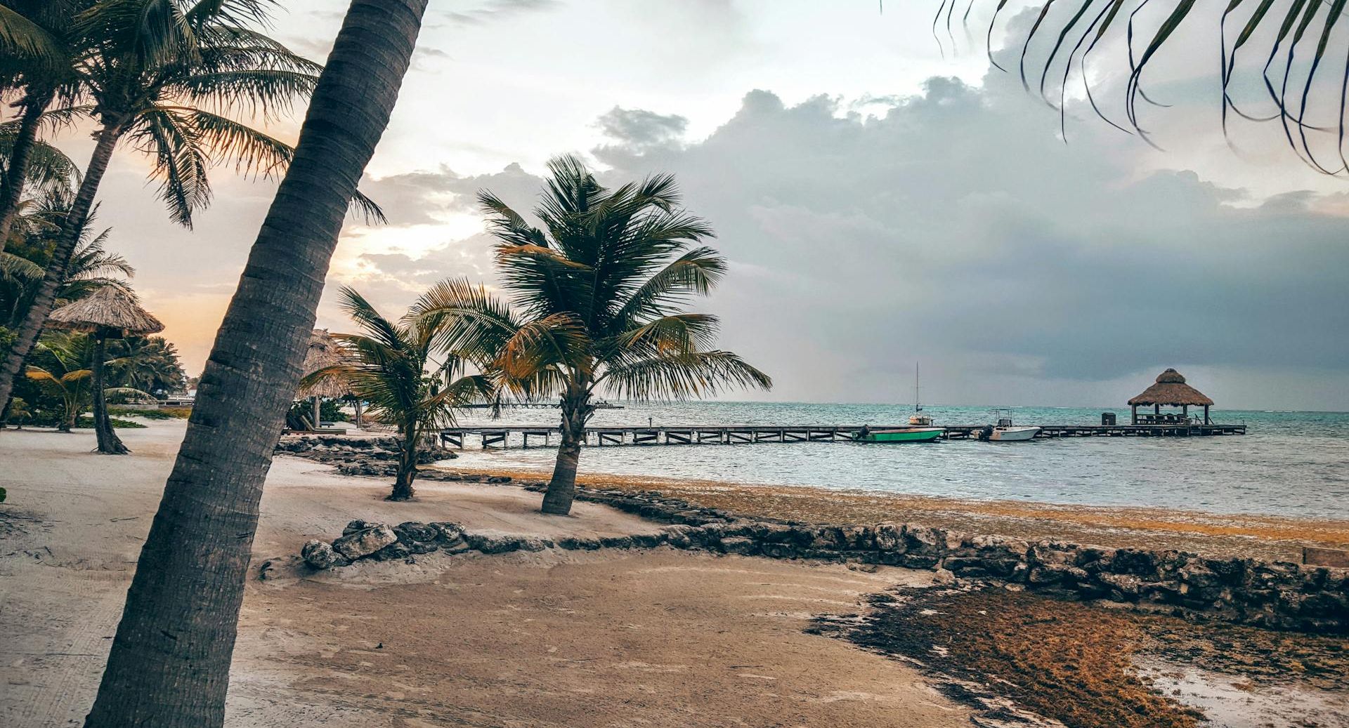 A tropical beach scene with palm trees, a rocky shore, calm water, and a wooden pier extending to a small pavilion over the sea.