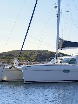 Two white sailboats docked side by side on calm blue water near a grassy shoreline at sundown.