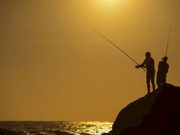 Two people stand on a cliff at sunset, fishing poles raised as the golden sea glows below.