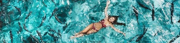 A woman floats in bright turquoise water among many sharks circling near a boat, sunlight sparkles on the waves.