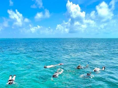 People snorkeling in clear turquoise sea near the horizon, blue sky with fluffy clouds, swimmers floating with masks and snorkels.