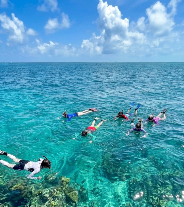 Snorkelers swim in clear turquoise ocean beside a boat under a bright blue sky dotted with clouds.